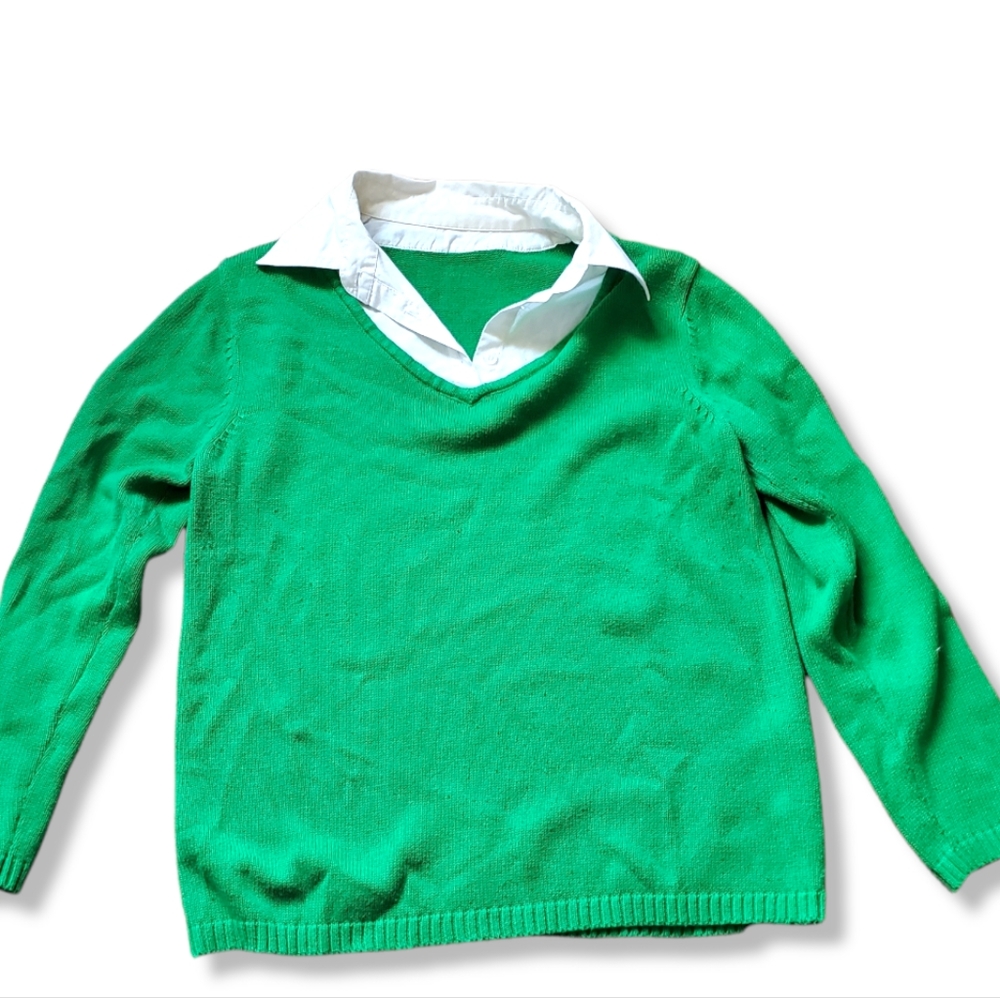 Women’s Green Fooler Sweater Faux Layer Button Collar Knit Top Size Medium